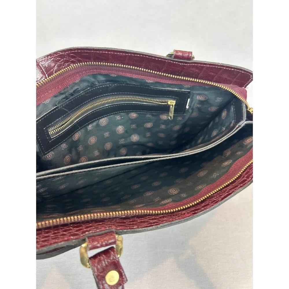 Vintage Burgundy Croc Embossed Leather Handbag Gold Hardware Top Handles Elegant - Picture 8 of 13